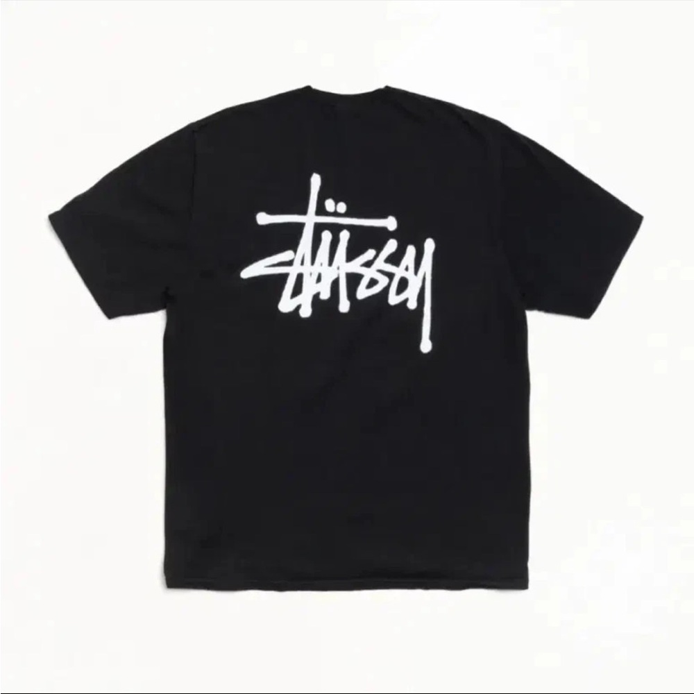 Stussy Black Tee with White Back Script Logo